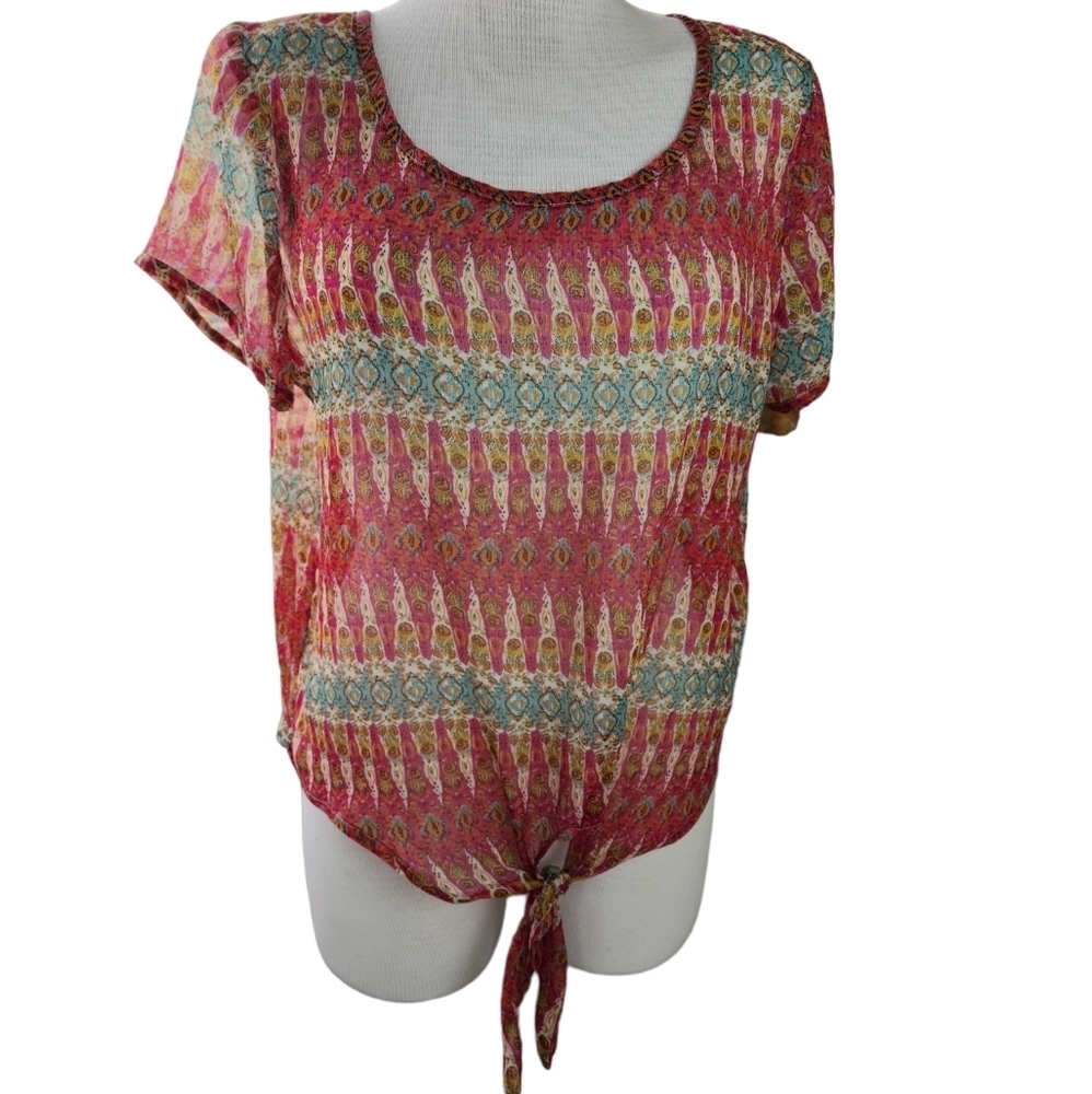 American Rag Sheer Short Sleeve Scoop Neck Waist Tie Women's Top Size L